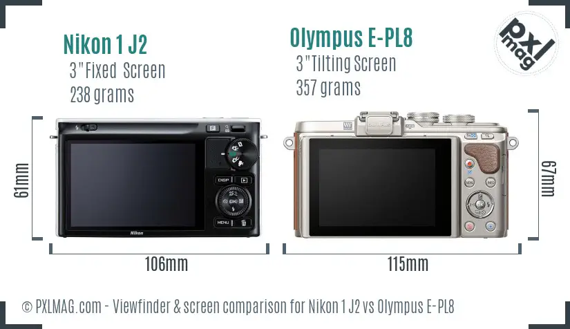 Nikon 1 J2 vs Olympus E-PL8 Screen and Viewfinder comparison