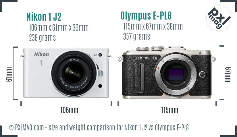 Nikon 1 J2 vs Olympus E-PL8 size comparison