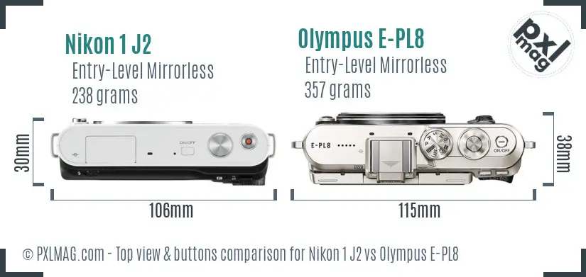 Nikon 1 J2 vs Olympus E-PL8 top view buttons comparison