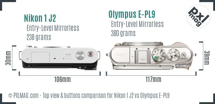Nikon 1 J2 vs Olympus E-PL9 top view buttons comparison