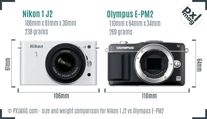 Nikon 1 J2 vs Olympus E-PM2 size comparison