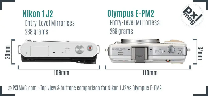 Nikon 1 J2 vs Olympus E-PM2 top view buttons comparison