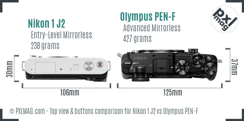 Nikon 1 J2 vs Olympus PEN-F top view buttons comparison