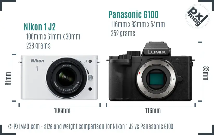 Nikon 1 J2 vs Panasonic G100 size comparison