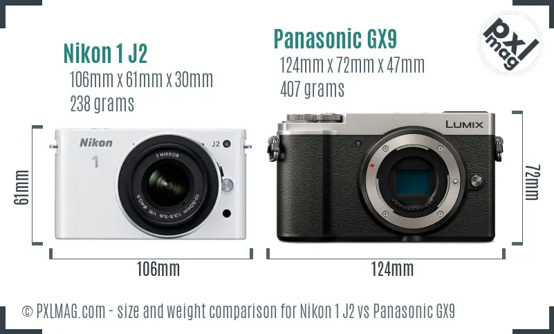 Nikon 1 J2 vs Panasonic GX9 size comparison Nikon 1 J2 vs Panasonic GX9 size comparison