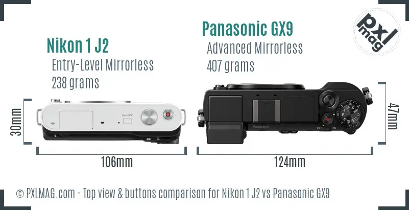 Nikon 1 J2 vs Panasonic GX9 top view buttons comparison Nikon 1 J2 vs Panasonic GX9 top view buttons comparison