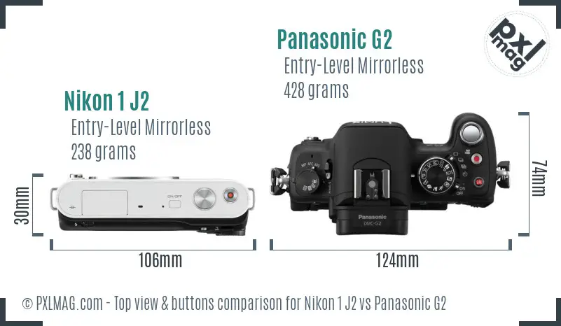 Nikon 1 J2 vs Panasonic G2 top view buttons comparison