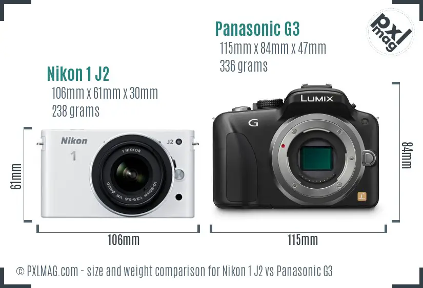 Nikon 1 J2 vs Panasonic G3 size comparison