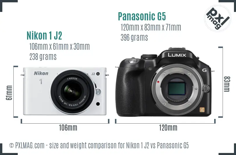 Nikon 1 J2 vs Panasonic G5 size comparison