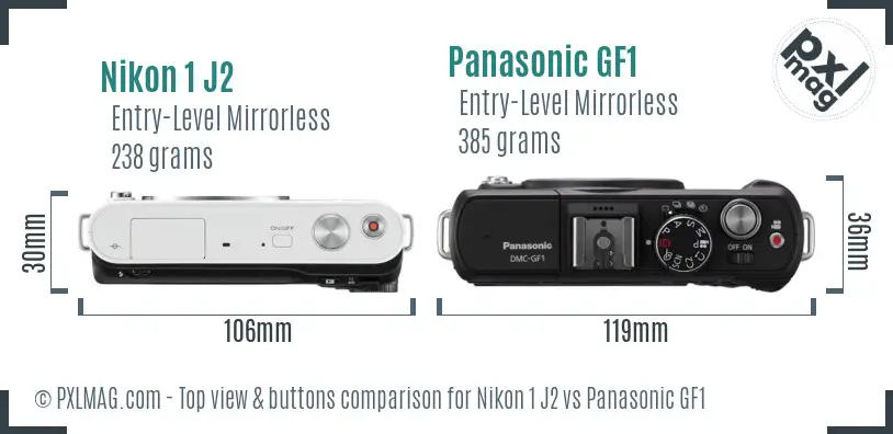 Nikon 1 J2 vs Panasonic GF1 top view buttons comparison