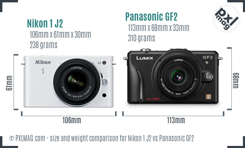 Nikon 1 J2 vs Panasonic GF2 size comparison