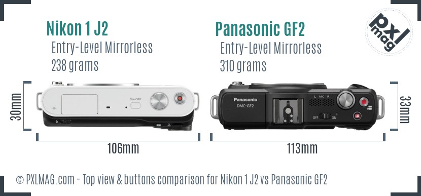 Nikon 1 J2 vs Panasonic GF2 top view buttons comparison