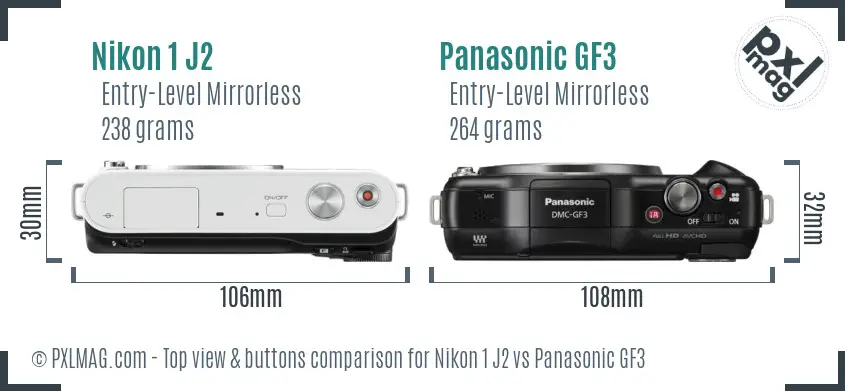 Nikon 1 J2 vs Panasonic GF3 top view buttons comparison