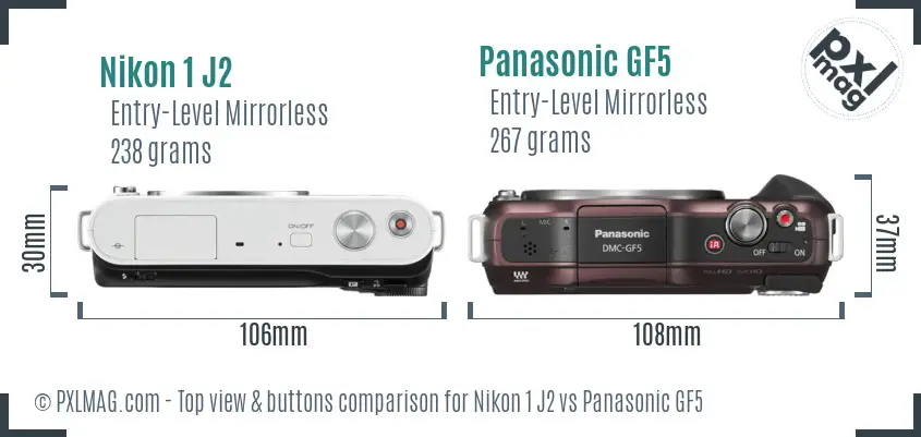 Nikon 1 J2 vs Panasonic GF5 top view buttons comparison