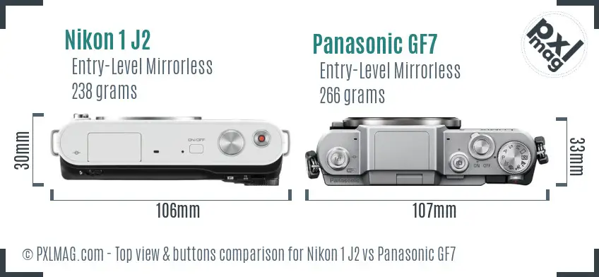 Nikon 1 J2 vs Panasonic GF7 top view buttons comparison