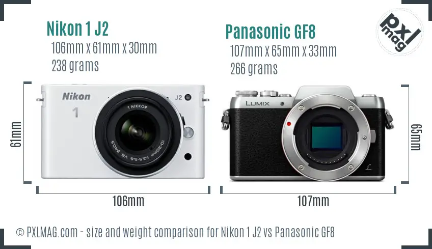 Nikon 1 J2 vs Panasonic GF8 size comparison