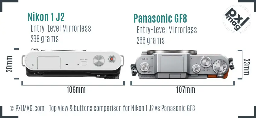 Nikon 1 J2 vs Panasonic GF8 top view buttons comparison