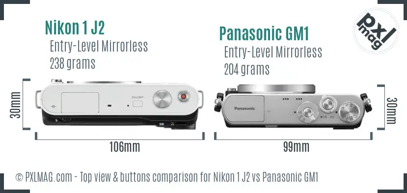 Nikon 1 J2 vs Panasonic GM1 top view buttons comparison