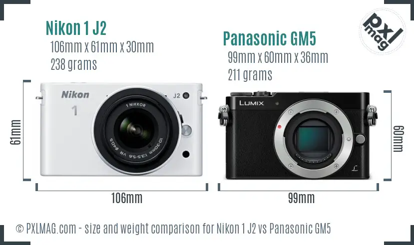 Nikon 1 J2 vs Panasonic GM5 size comparison