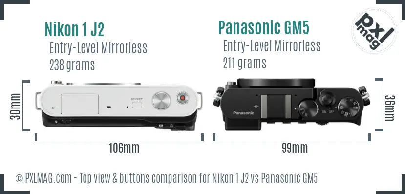 Nikon 1 J2 vs Panasonic GM5 top view buttons comparison