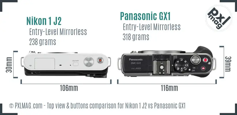 Nikon 1 J2 vs Panasonic GX1 top view buttons comparison