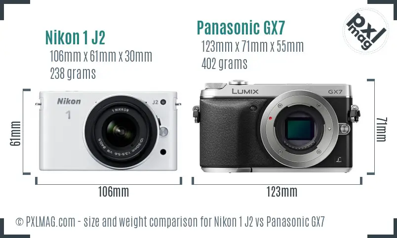 Nikon 1 J2 vs Panasonic GX7 size comparison