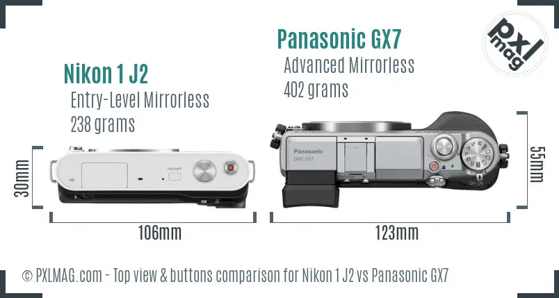 Nikon 1 J2 vs Panasonic GX7 top view buttons comparison