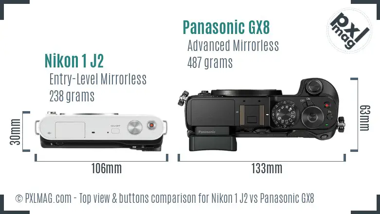 Nikon 1 J2 vs Panasonic GX8 top view buttons comparison
