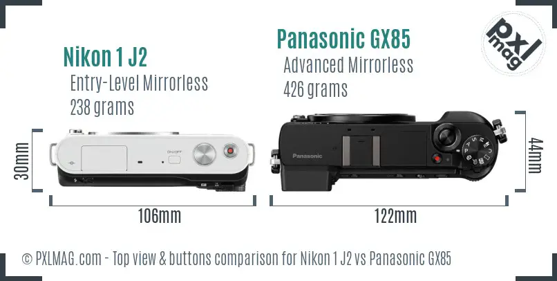 Nikon 1 J2 vs Panasonic GX85 top view buttons comparison