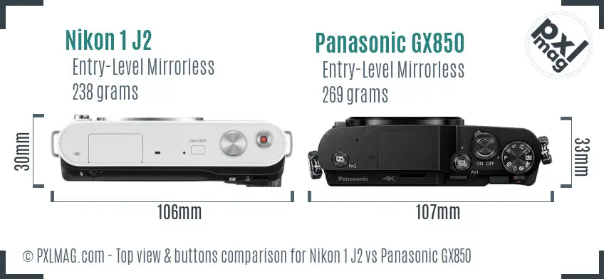 Nikon 1 J2 vs Panasonic GX850 top view buttons comparison