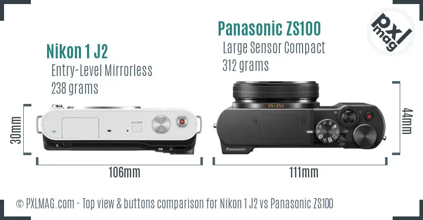 Nikon 1 J2 vs Panasonic ZS100 top view buttons comparison