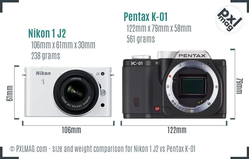 Nikon 1 J2 vs Pentax K-01 size comparison