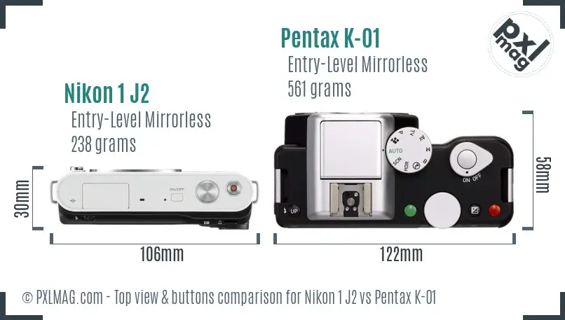 Nikon 1 J2 vs Pentax K-01 top view buttons comparison