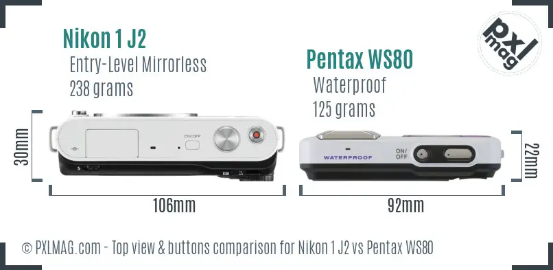 Nikon 1 J2 vs Pentax WS80 top view buttons comparison
