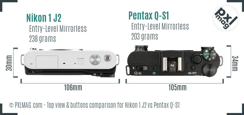Nikon 1 J2 vs Pentax Q-S1 top view buttons comparison