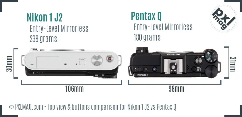Nikon 1 J2 vs Pentax Q top view buttons comparison Nikon 1 J2 vs Pentax Q top view buttons comparison