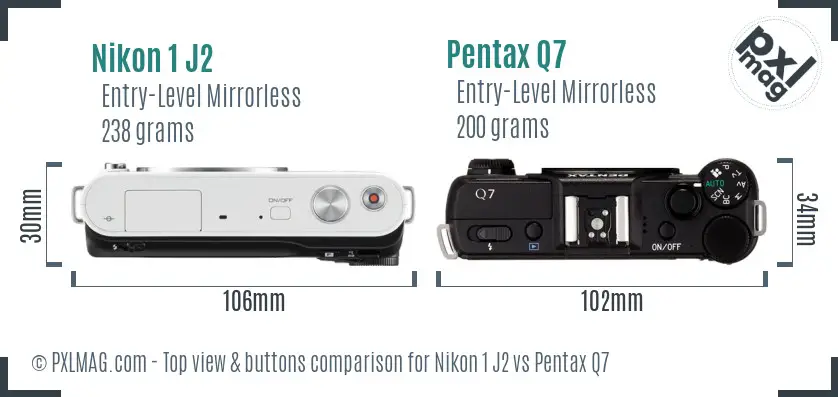 Nikon 1 J2 vs Pentax Q7 top view buttons comparison