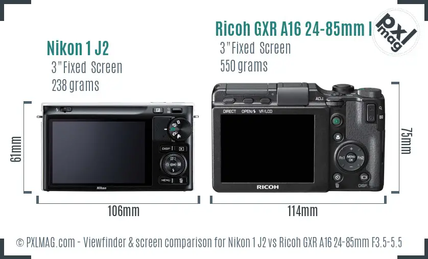Nikon 1 J2 vs Ricoh GXR A16 24-85mm F3.5-5.5 Screen and Viewfinder comparison