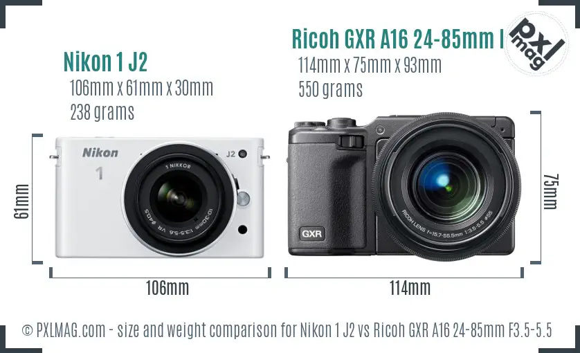 Nikon 1 J2 vs Ricoh GXR A16 24-85mm F3.5-5.5 size comparison