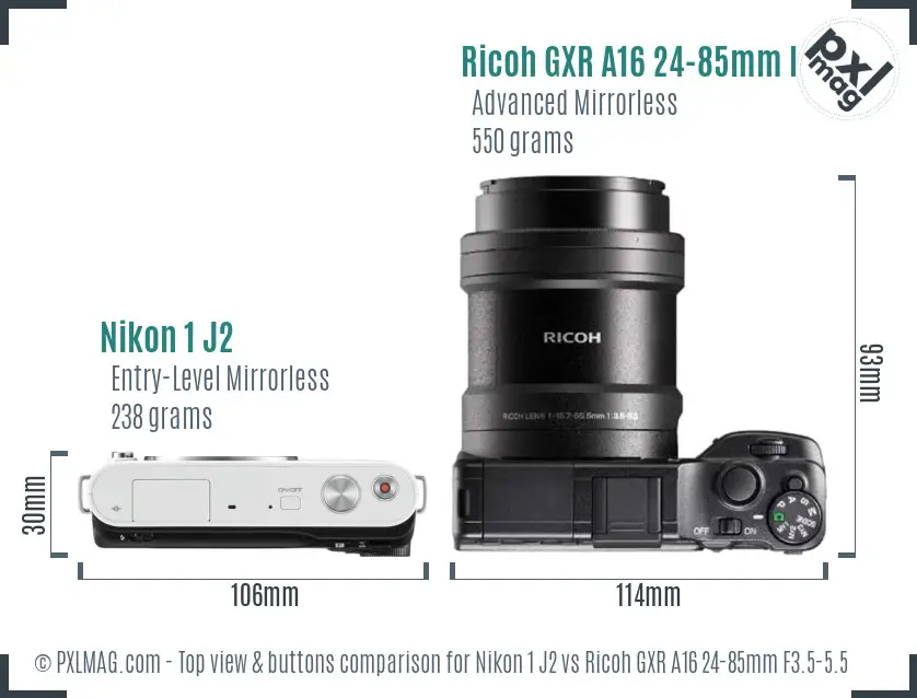 Nikon 1 J2 vs Ricoh GXR A16 24-85mm F3.5-5.5 top view buttons comparison