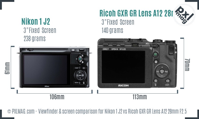 Nikon 1 J2 vs Ricoh GXR GR Lens A12 28mm F2.5 Screen and Viewfinder comparison