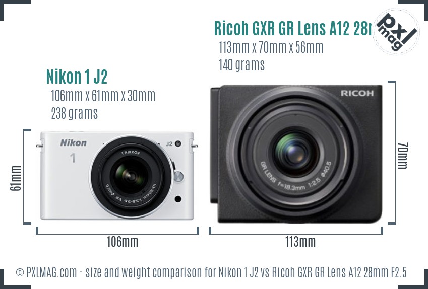 Nikon 1 J2 vs Ricoh GXR GR Lens A12 28mm F2.5 size comparison