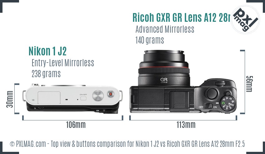 Nikon 1 J2 vs Ricoh GXR GR Lens A12 28mm F2.5 top view buttons comparison