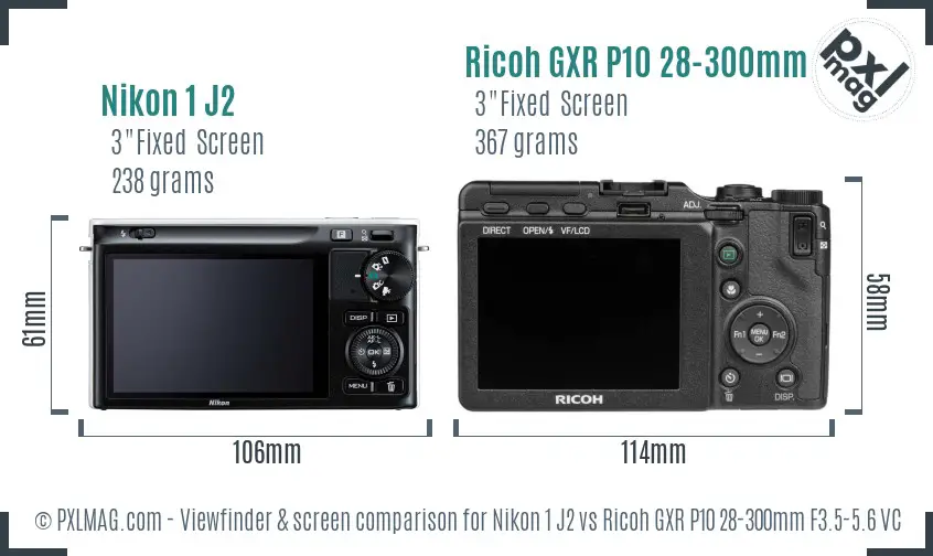 Nikon 1 J2 vs Ricoh GXR P10 28-300mm F3.5-5.6 VC Screen and Viewfinder comparison