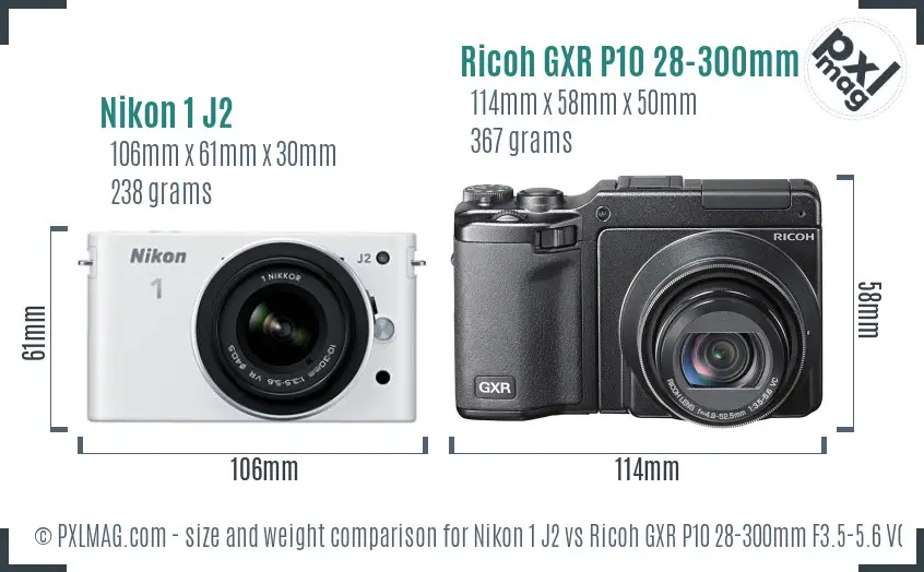 Nikon 1 J2 vs Ricoh GXR P10 28-300mm F3.5-5.6 VC size comparison