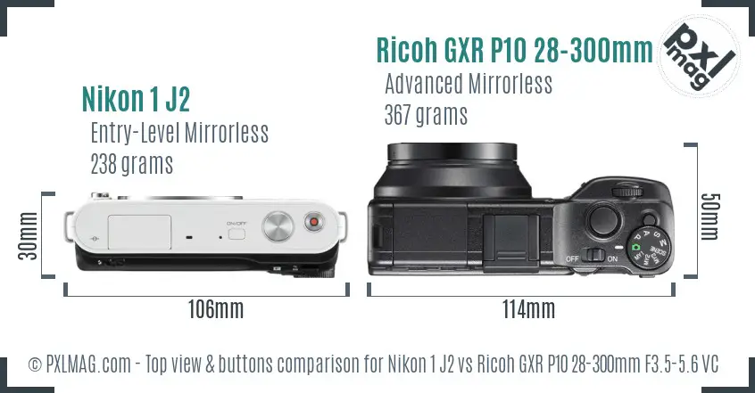 Nikon 1 J2 vs Ricoh GXR P10 28-300mm F3.5-5.6 VC top view buttons comparison