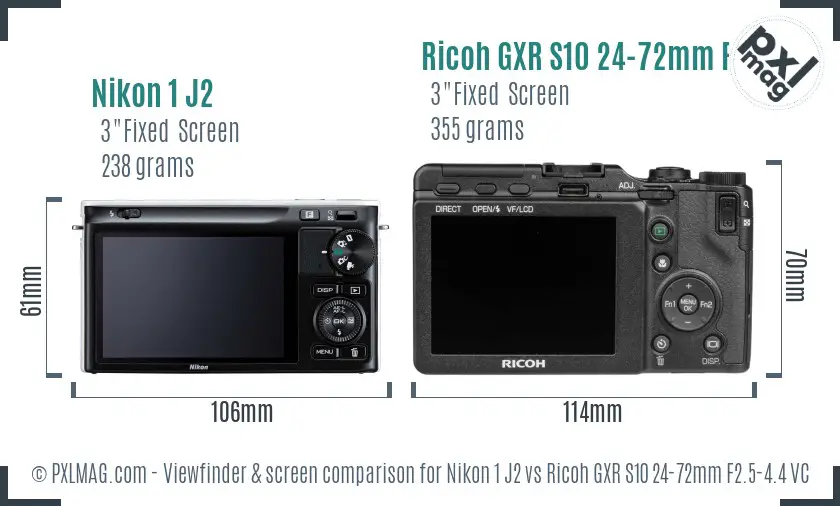 Nikon 1 J2 vs Ricoh GXR S10 24-72mm F2.5-4.4 VC Screen and Viewfinder comparison
