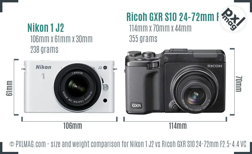 Nikon 1 J2 vs Ricoh GXR S10 24-72mm F2.5-4.4 VC size comparison