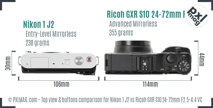 Nikon 1 J2 vs Ricoh GXR S10 24-72mm F2.5-4.4 VC top view buttons comparison
