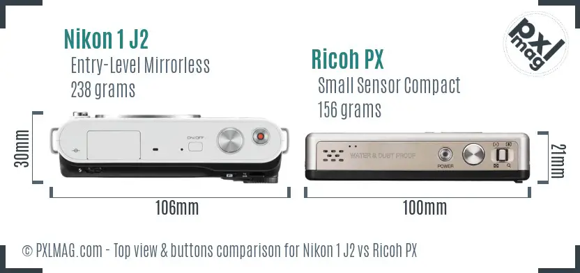 Nikon 1 J2 vs Ricoh PX top view buttons comparison